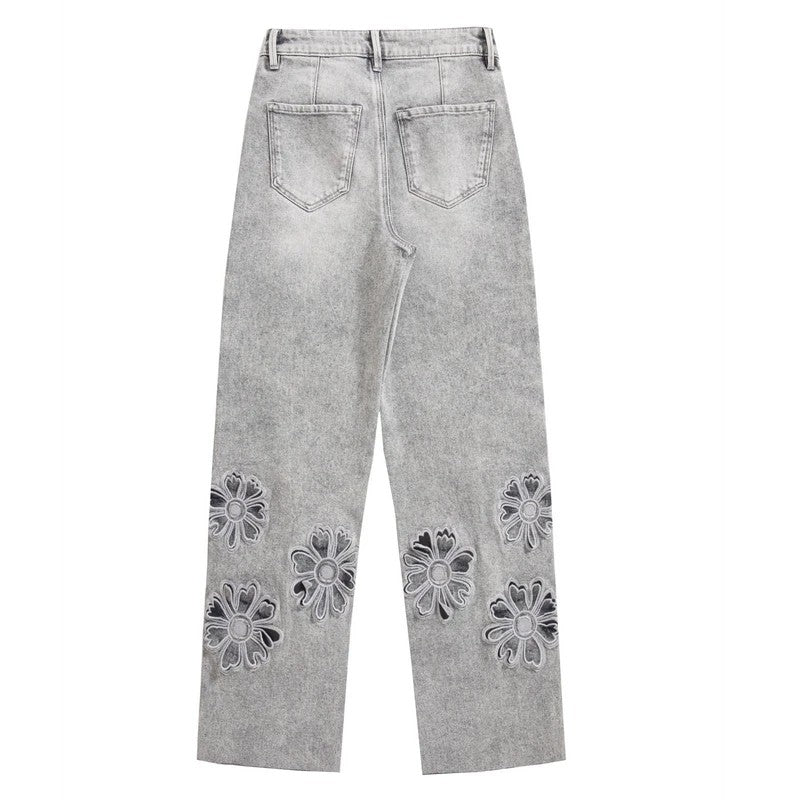 Beaded-Embroidered Floral Cut-Out Ankle Jeans