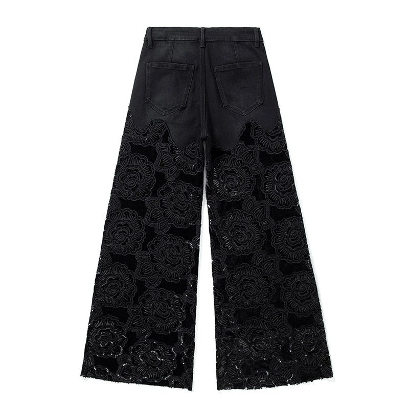 Patchwork Floral-Embroidered Sequined Bootcut Jeans