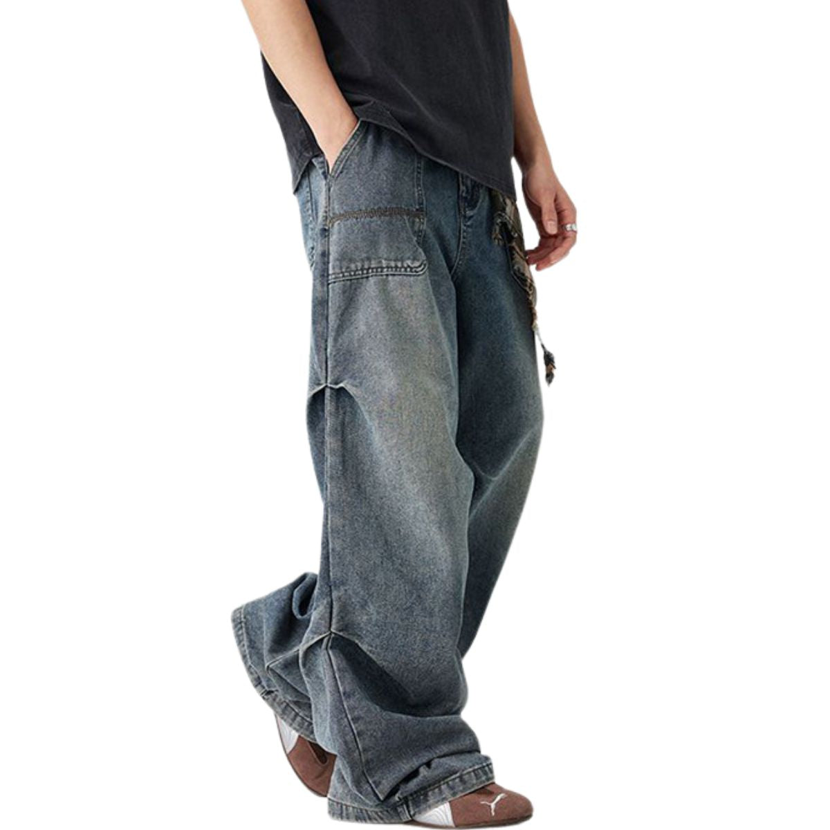 Side-Pleated Oversized Denim Jeans