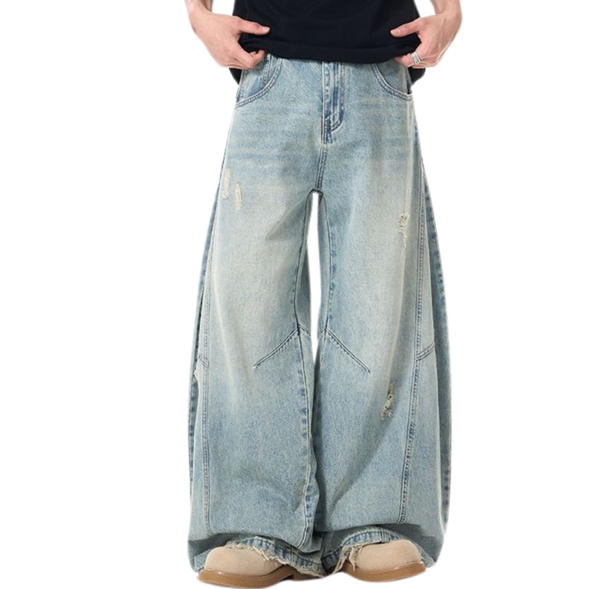 Distressed Raw Hem Barrel-Leg Ripped Jeans