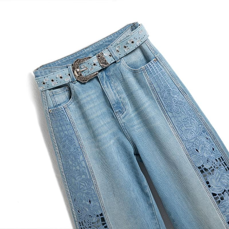 Wide-Leg Rhinestone & Embroidered Cut-Out Jeans