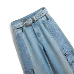 Wide-Leg Rhinestone & Embroidered Cut-Out Jeans