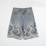 Pearl & Rhinestone Lace-Cut Denim Shorts