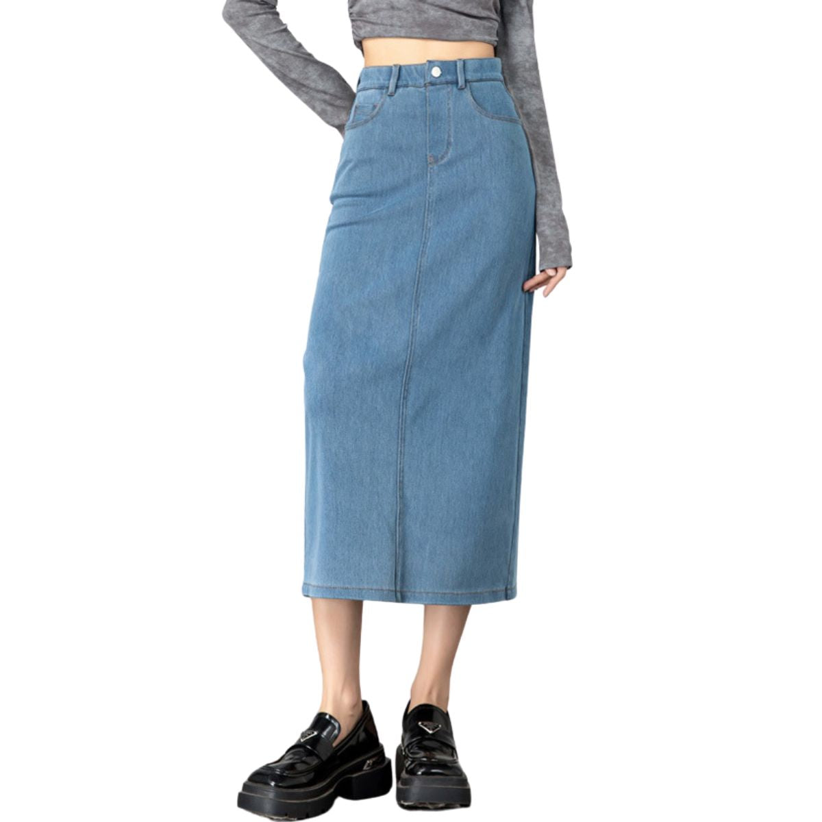 Women's Straight-Cut Jersey Denim Midi Skirt