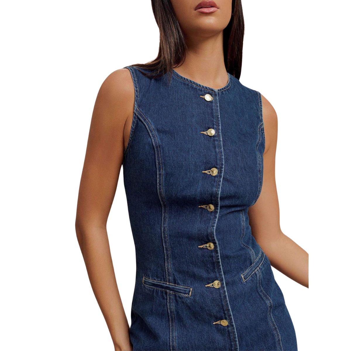 Sleeveless Button-Front Fitted Denim Minidress