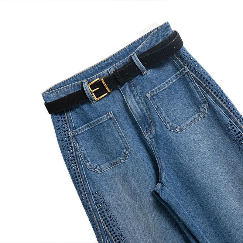 Floral-Embroidered Cut-Out Jeans with Rhinestones