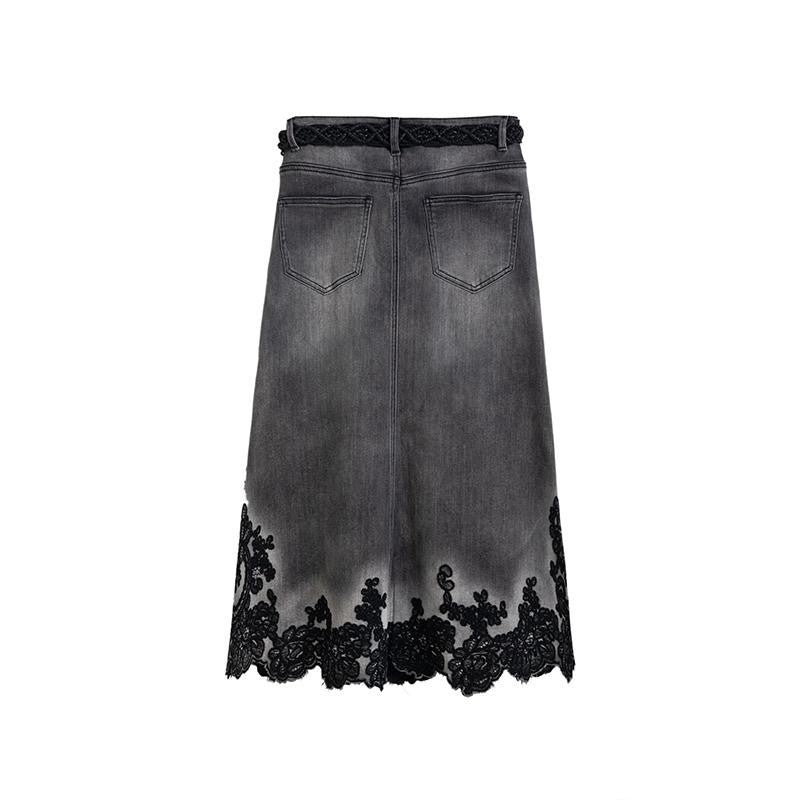 Embroidered & Rhinestone-Transferred Denim Skirt