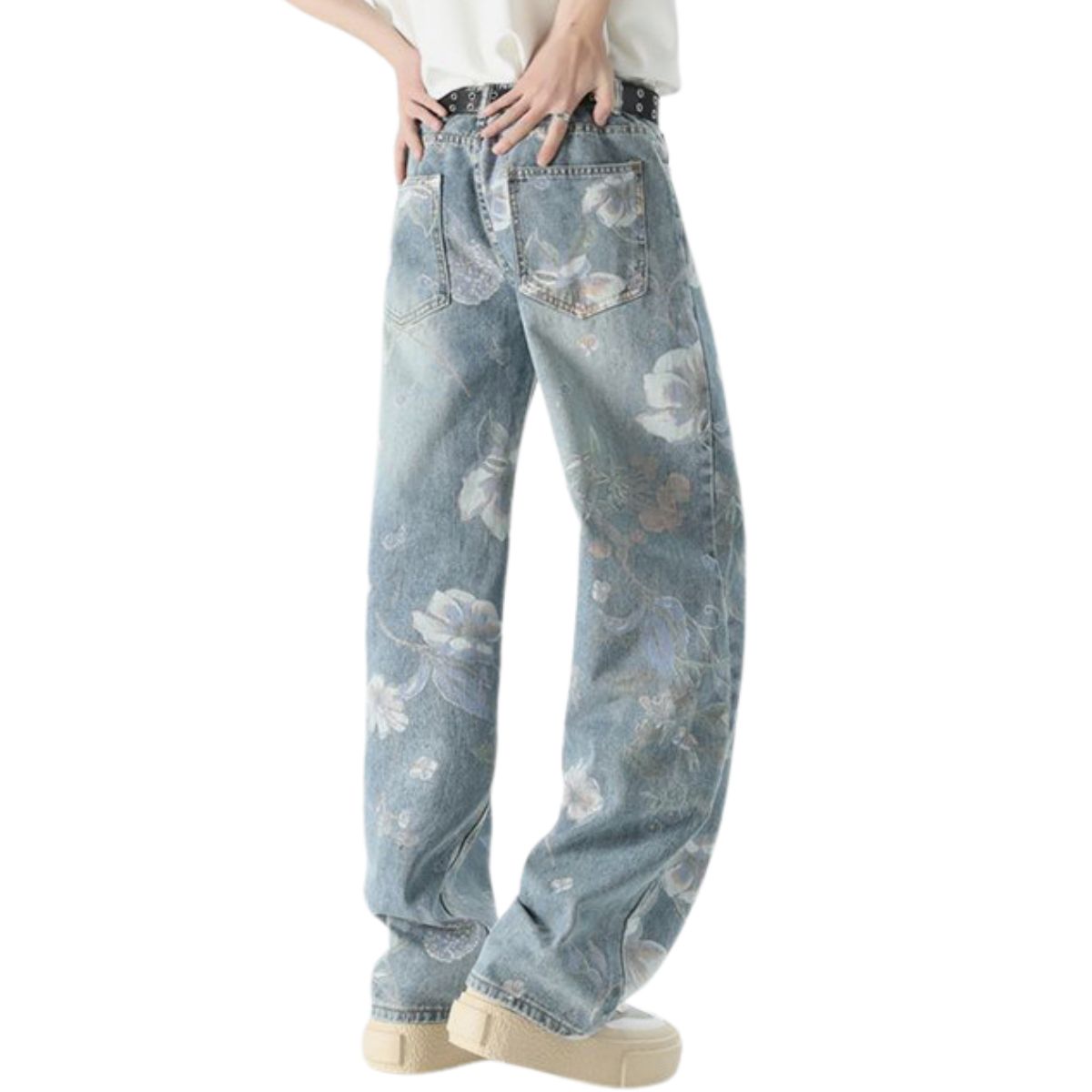 Floral Print Washed Straight Leg Jeans
