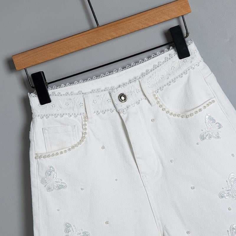 Pearl-embellished Embroidered Butterfly Denim Shorts