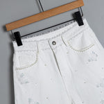 Pearl-embellished Embroidered Butterfly Denim Shorts