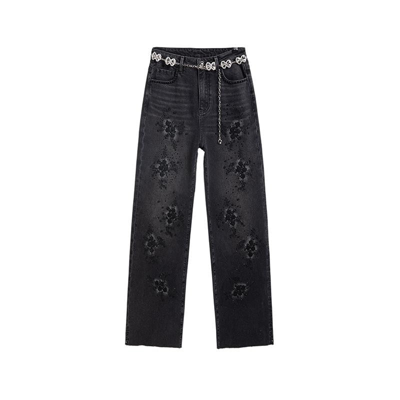 Pearl-Beaded & Rhinestones-Transferred Embroidered Jeans