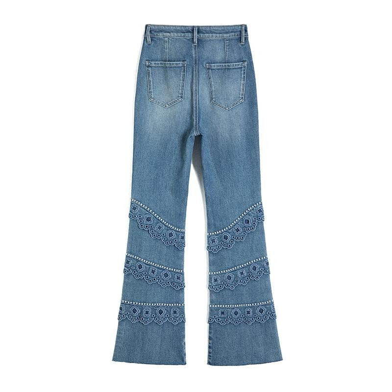 Pearl-Embellished Embroidered Patchwork Cut-Out Jeans