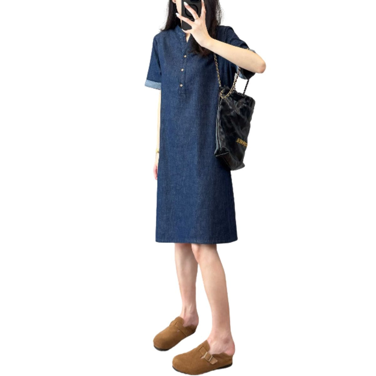 Loose Fit Rolled-Up Sleeve Denim Dress