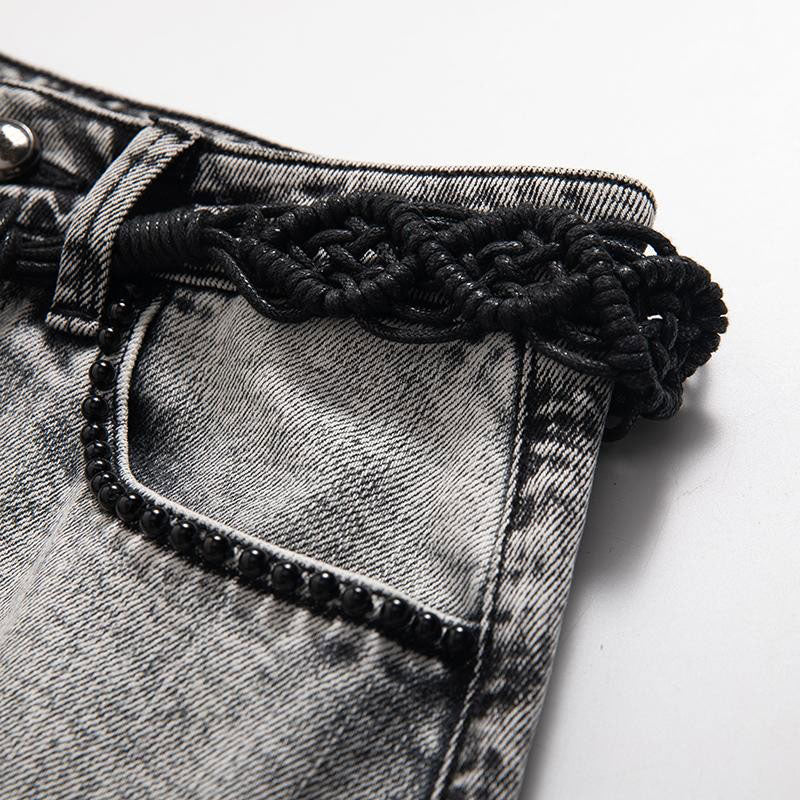 Vintage-Wash Pearl-Embroidered Denim Skirt