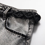 Vintage-Wash Pearl-Embroidered Denim Skirt