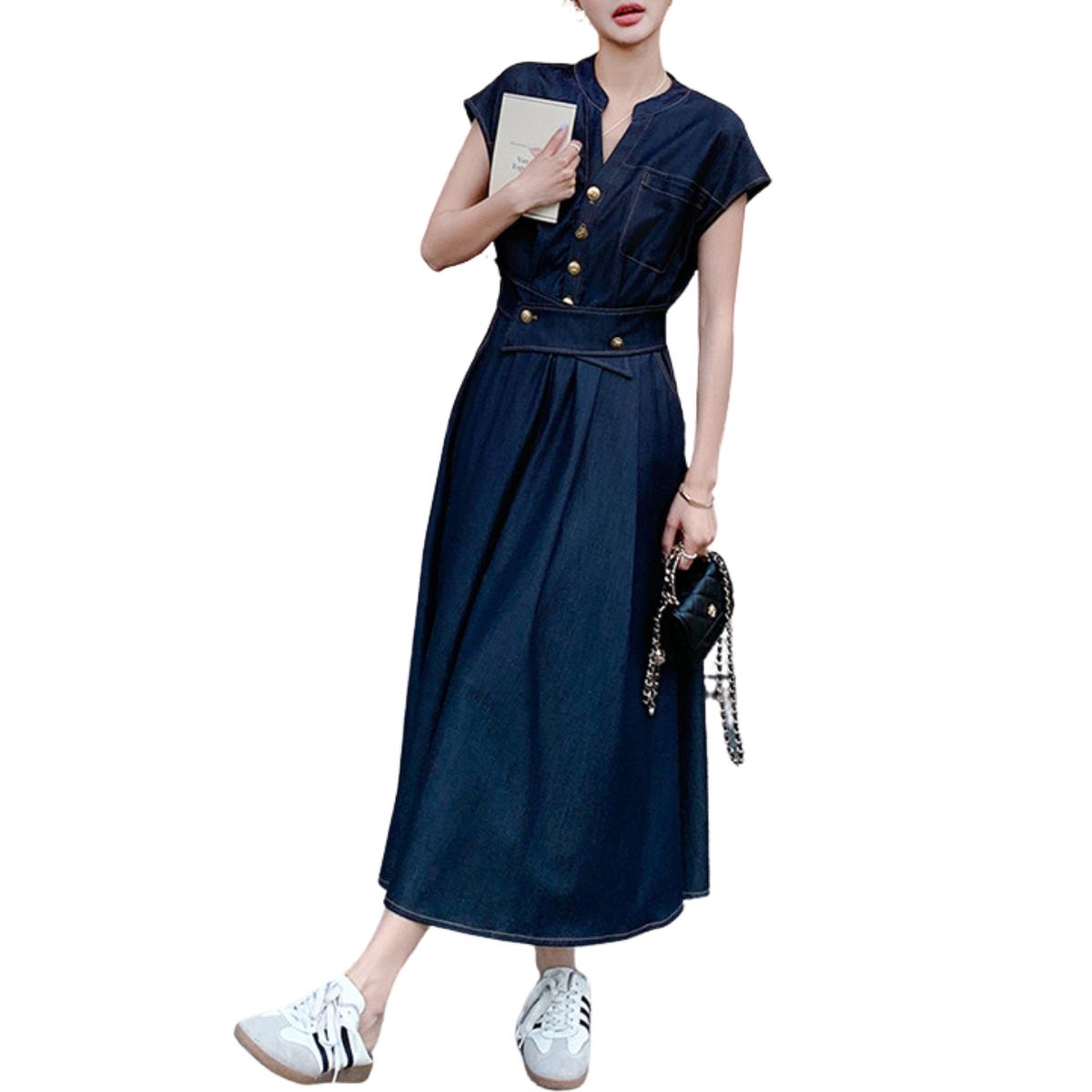 Relaxed Fit Cap Sleeve Denim Midi Dress