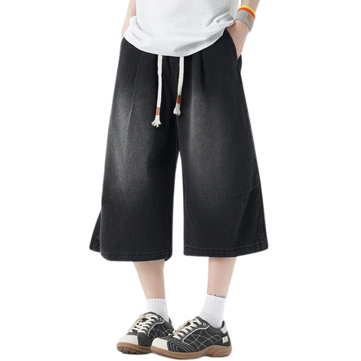 Drawstring Waist Washed Cropped Denim Pants