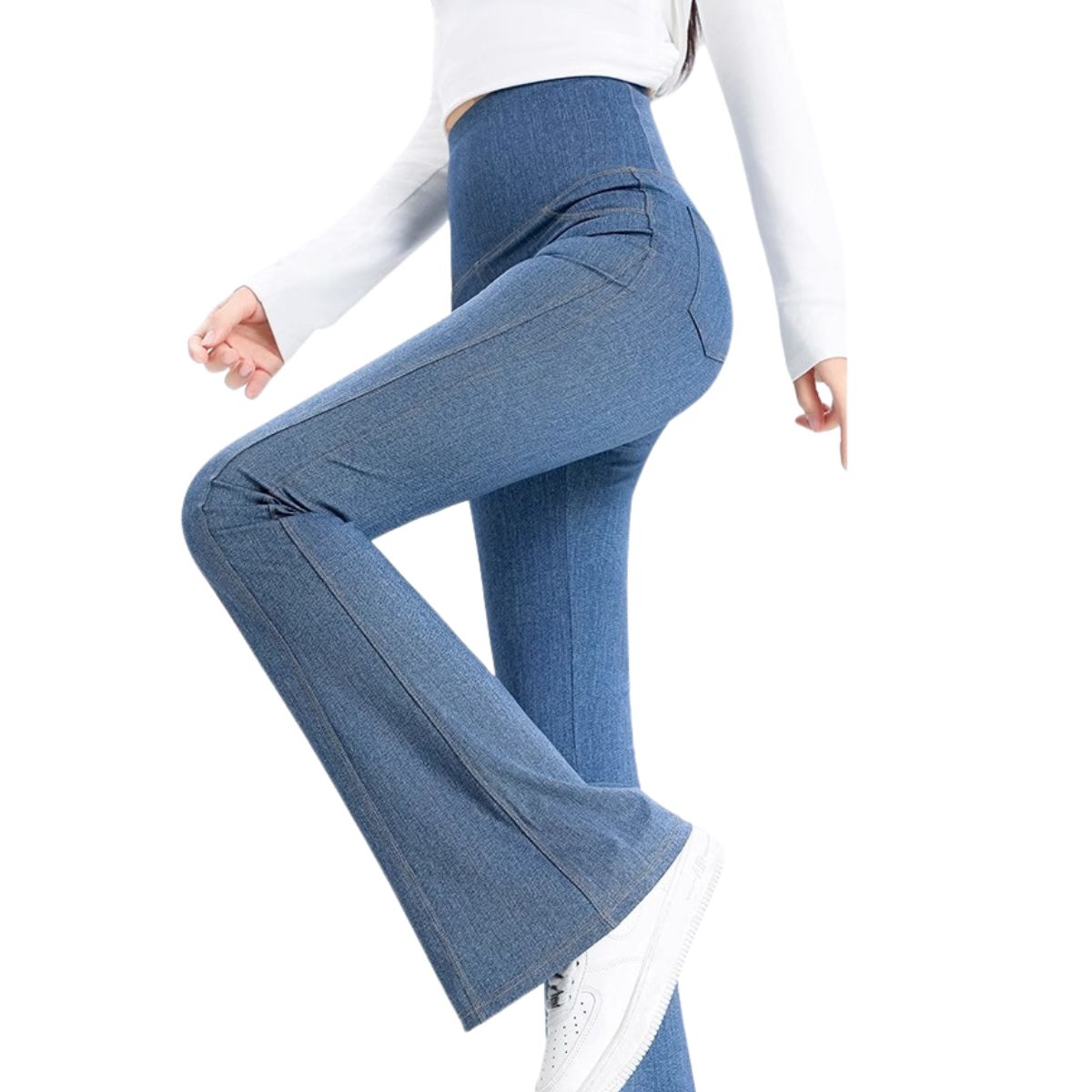 High-Waist Knit Denim Flare Pants
