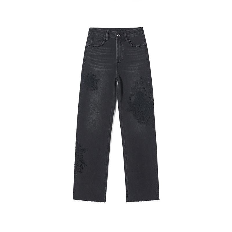 Pearl-Embellished Embroidery Cut-Out Whisker Jeans