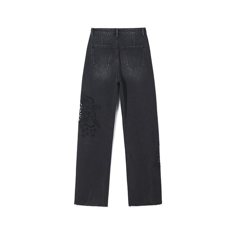 Pearl-Embellished Embroidery Cut-Out Whisker Jeans