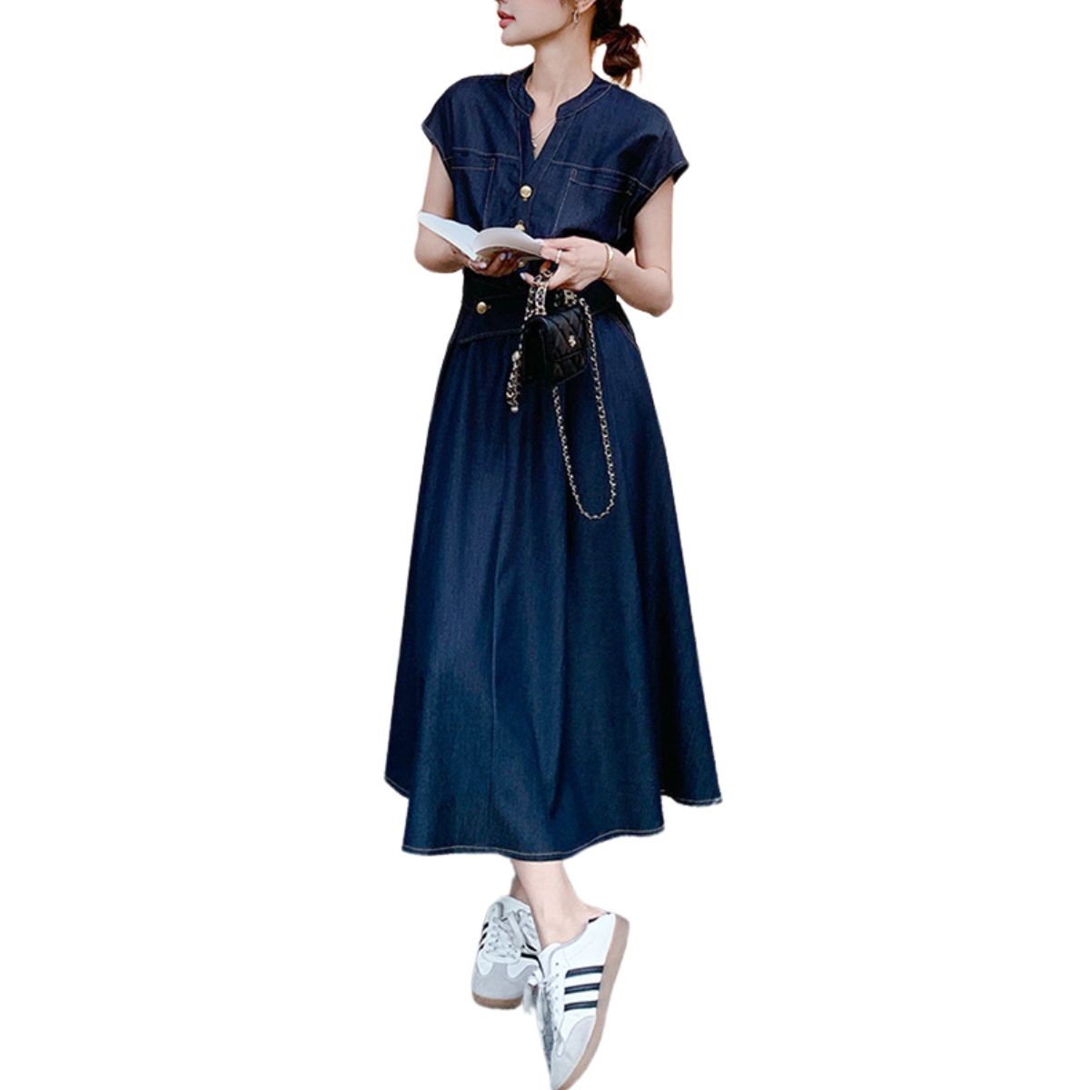 Relaxed Fit Cap Sleeve Denim Midi Dress