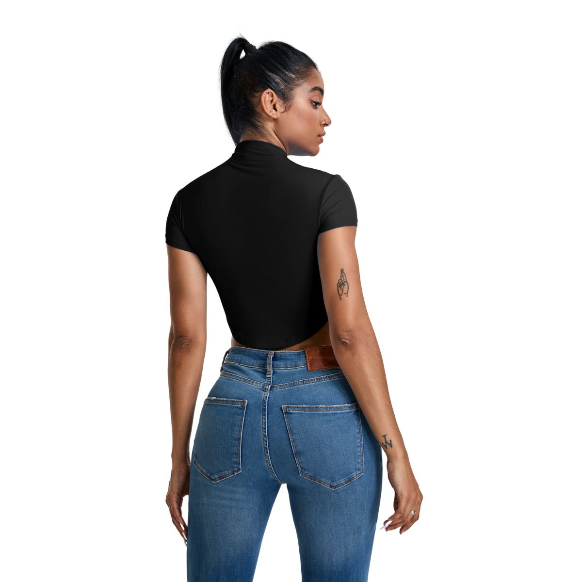 Mock Neck Curved-Hem Crop Tee