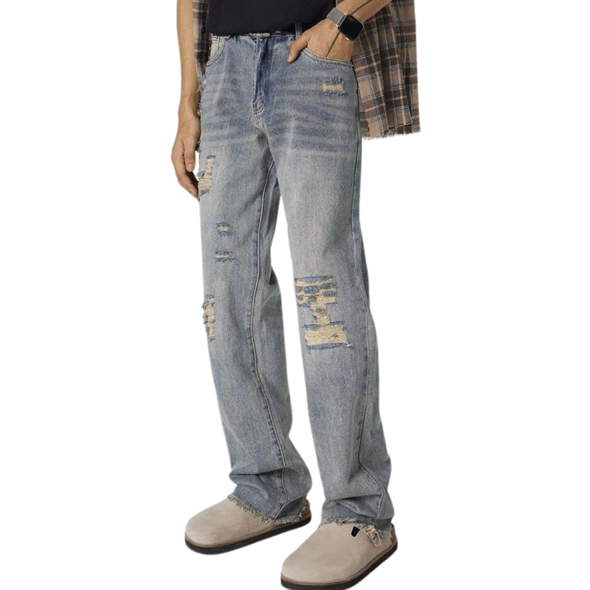 Vintage-Wash Ripped Denim Pants