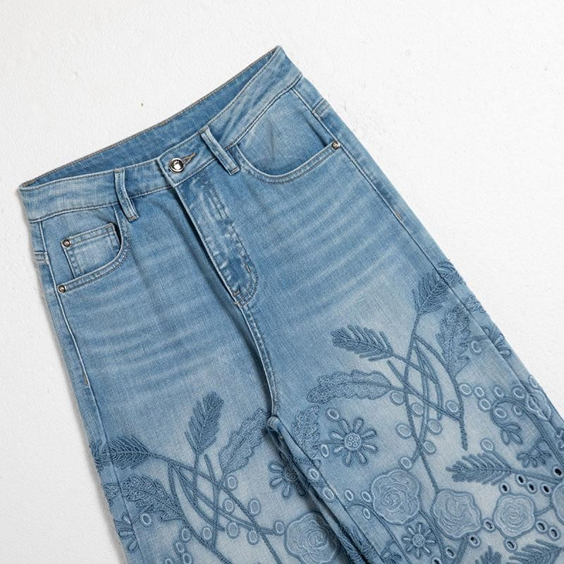 Wide-Leg Rose-Embroidered Cut-Outs Jeans