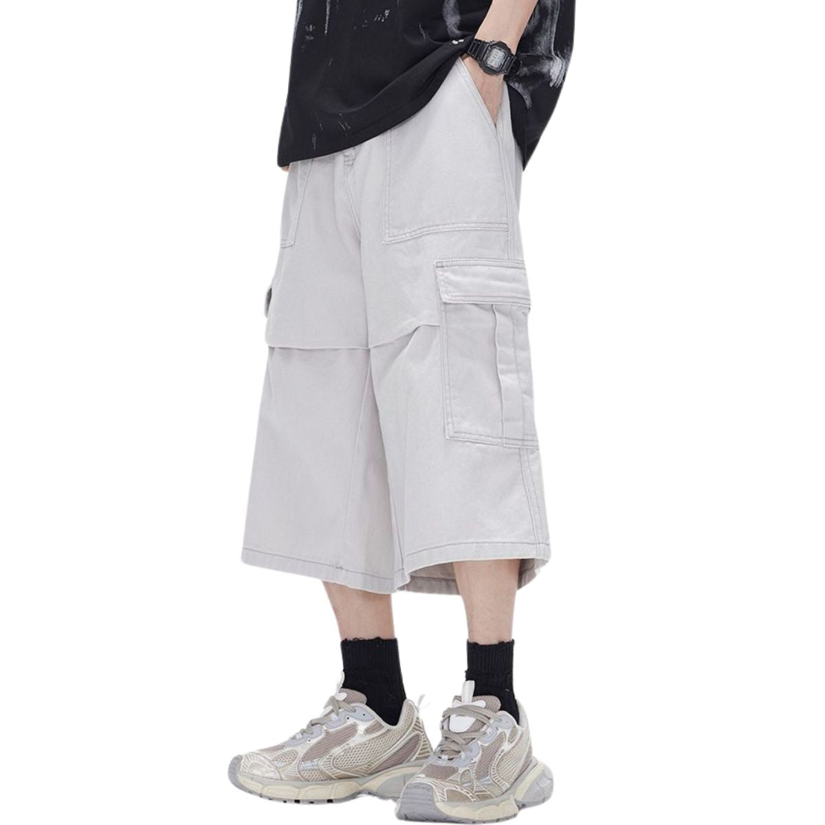 Solid Cargo Wide-Leg Cropped Pants