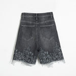 Asymmetric Heavy Embroidered Denim Shorts