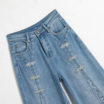 Pearl-Beaded Frog Closure Jeans with Cut-Outs
