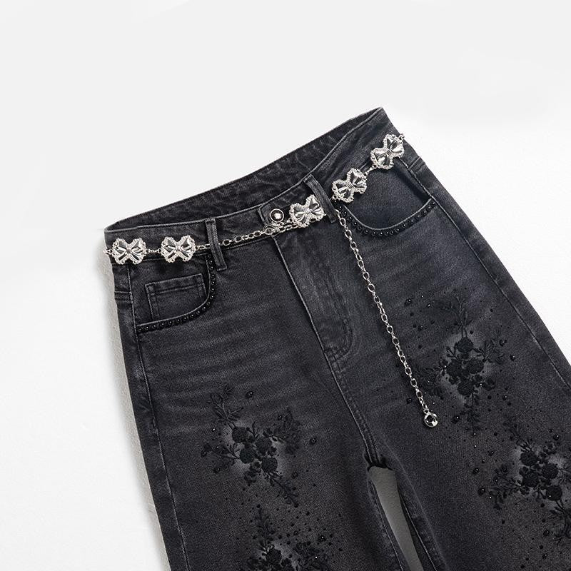Pearl-Beaded & Rhinestones-Transferred Embroidered Jeans