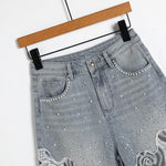 Pearl & Rhinestone Lace-Cut Denim Shorts