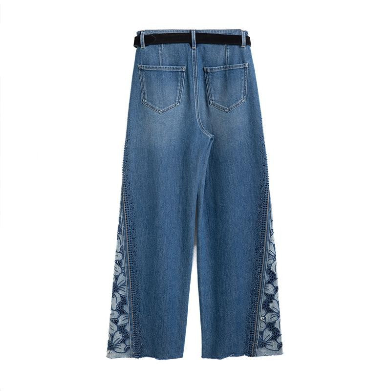 Floral-Embroidered Cut-Out Jeans with Rhinestones