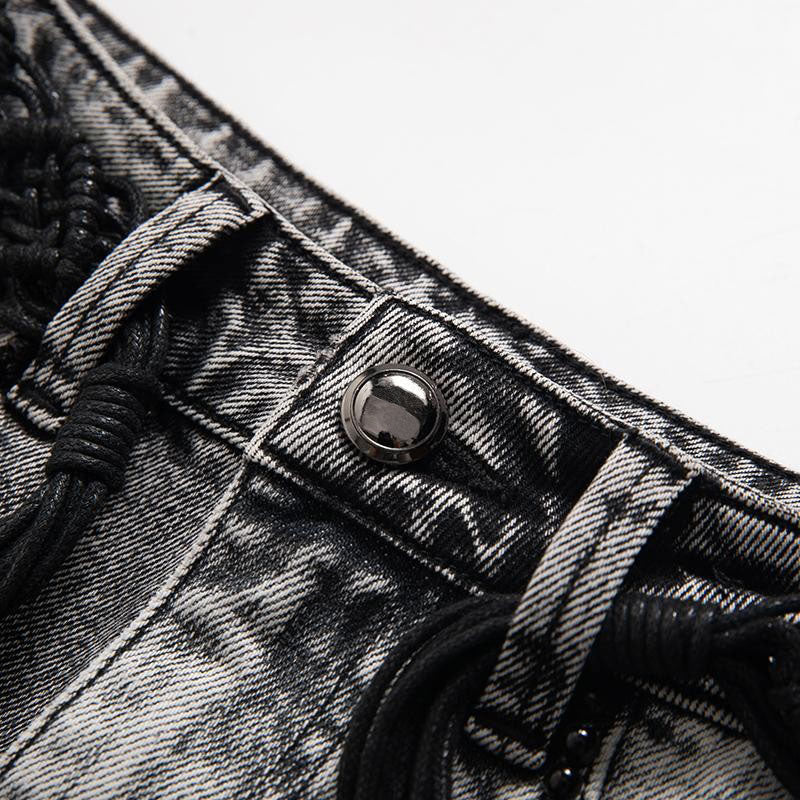 Vintage-Wash Pearl-Embroidered Denim Skirt