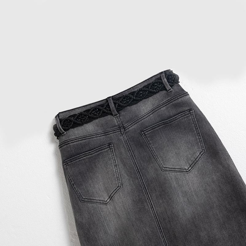 Embroidered & Rhinestone-Transferred Denim Skirt