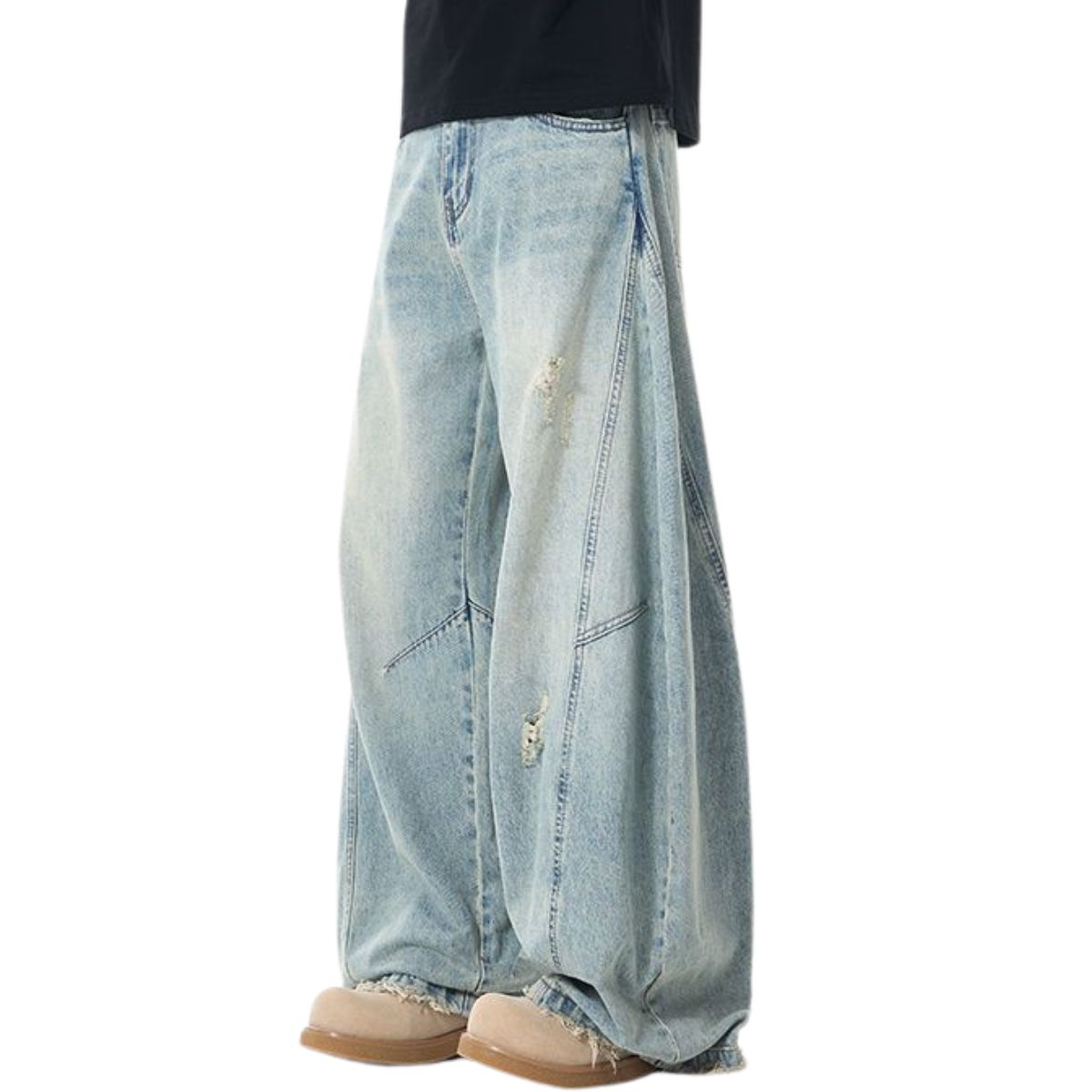 Distressed Raw Hem Barrel-Leg Ripped Jeans