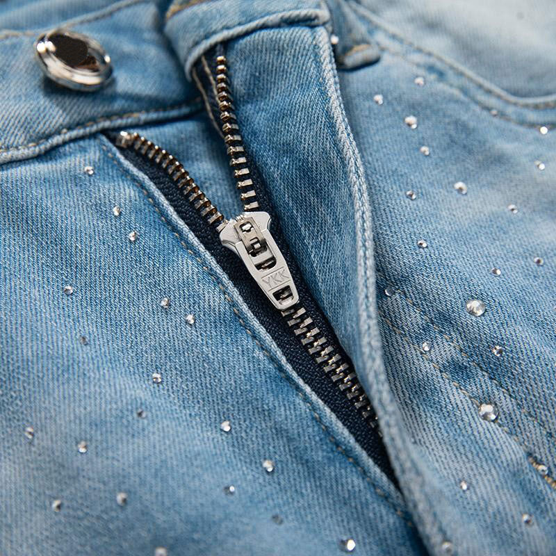 Heavy-Embroidered Rhinestone Denim A-Line Skirt