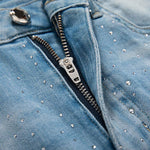 Heavy-Embroidered Rhinestone Denim A-Line Skirt