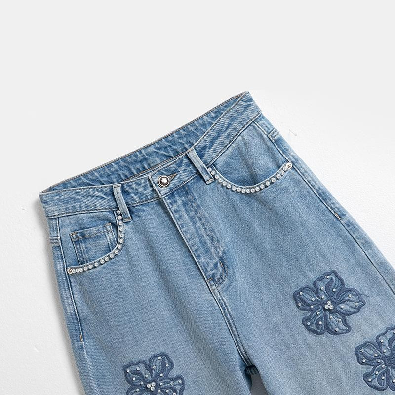 Floral Embroidered Pearl-Beaded Cut-Out Jeans