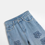 Floral Embroidered Pearl-Beaded Cut-Out Jeans