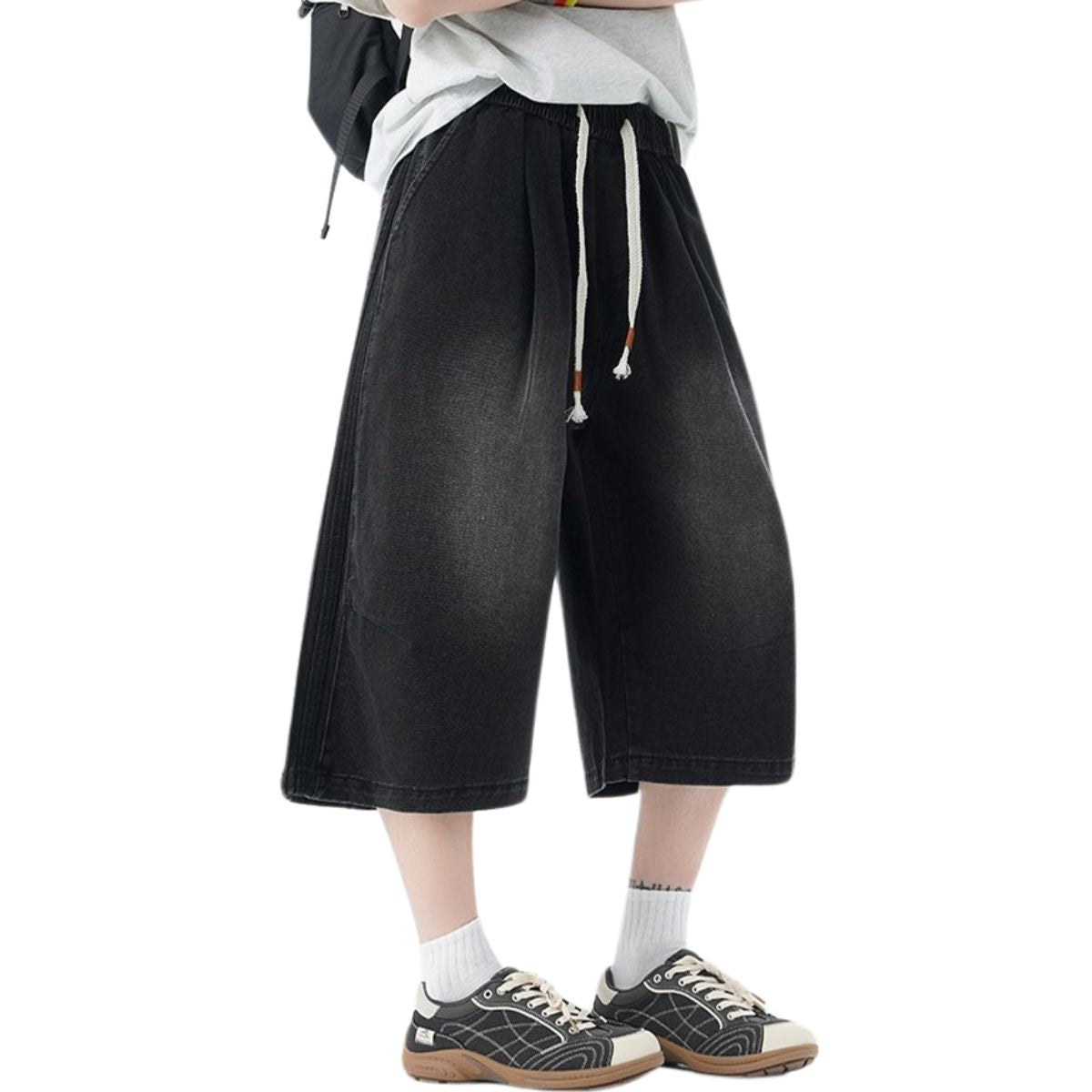 Drawstring Waist Washed Cropped Denim Pants