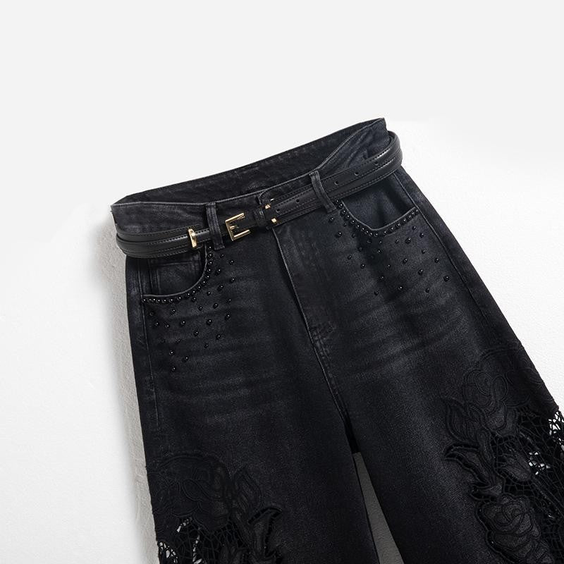 High-Waisted Pearl-Beaded Cut-Out Jeans