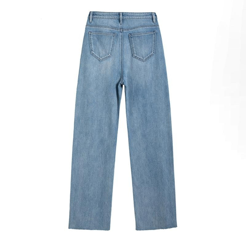 Pearl-Beaded Frog Closure Jeans with Cut-Outs