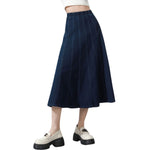High-Waisted Pleated Knit Denim Midi Skirt