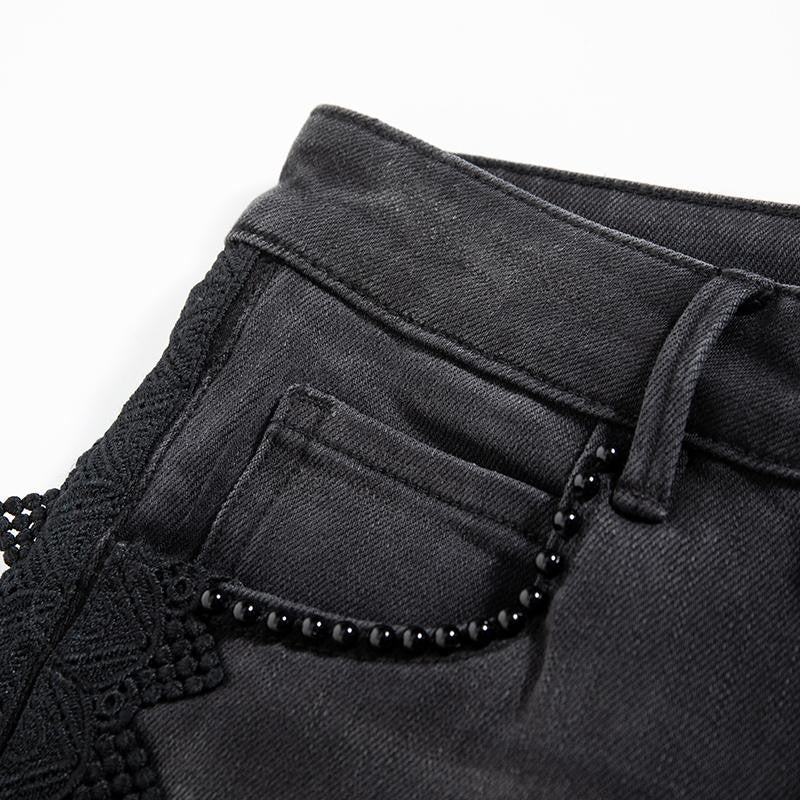 Rhinestones & Pearls Embroidery Patchwork Ankle Jeans