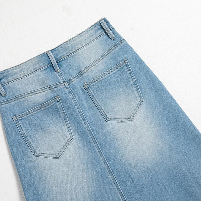 Heavy-Embroidered Rhinestone Denim A-Line Skirt