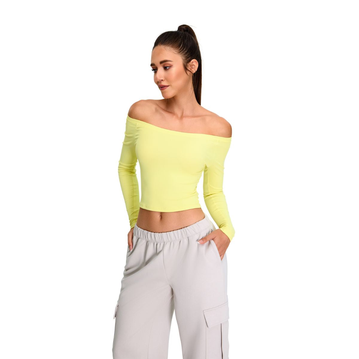 Off-Shoulder Seamless Long-Sleeve Crop Tee