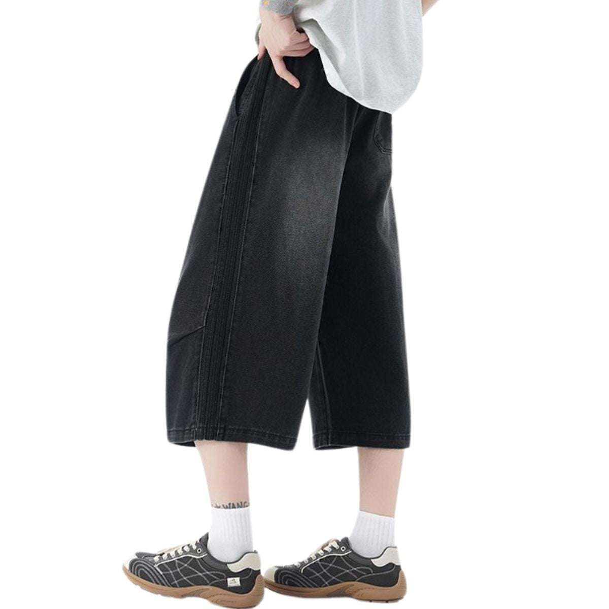 Drawstring Waist Washed Cropped Denim Pants