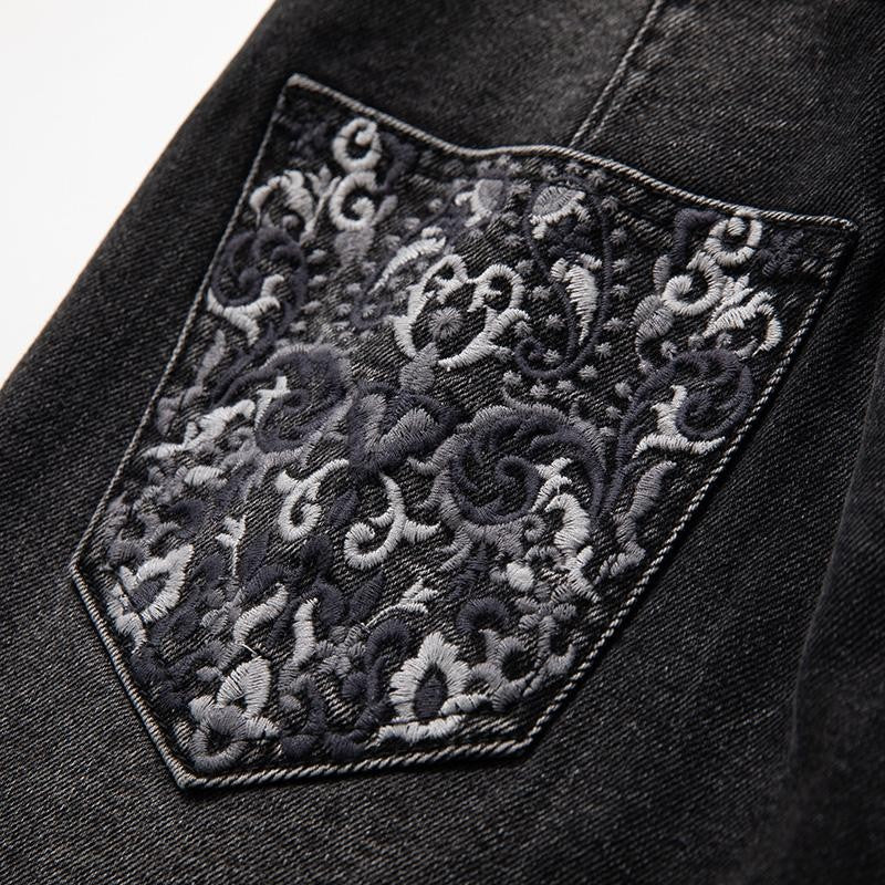 Raw-Edge Hem Heavily Embroidered Denim Skirt